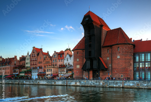The historic crane and the old town in Gdansk