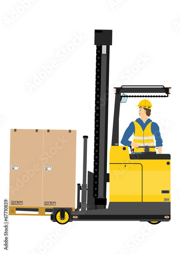 Yellow forklift (reach truck) on a white background