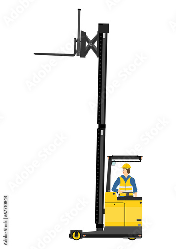 Yellow forklift (reach truck) on a white background