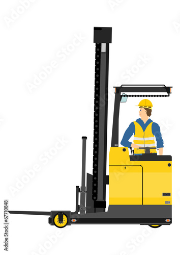 Yellow forklift (reach truck) on a white background