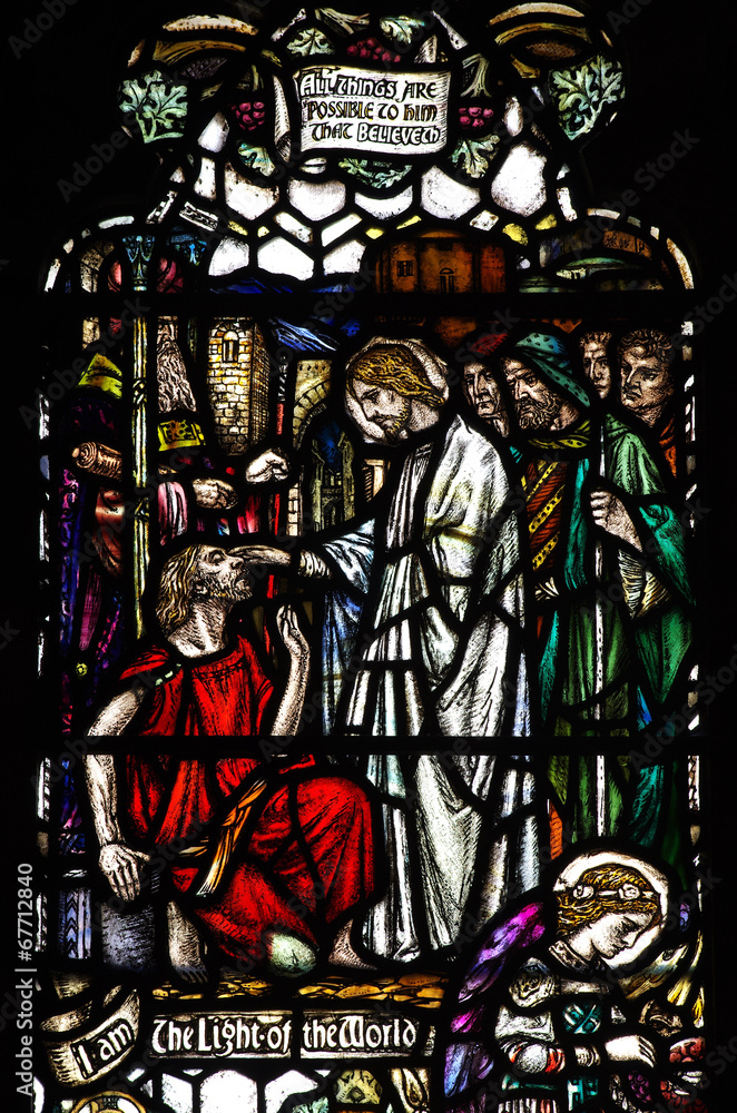 Obraz premium Wonder of Jesus: helping the blind in stained glass