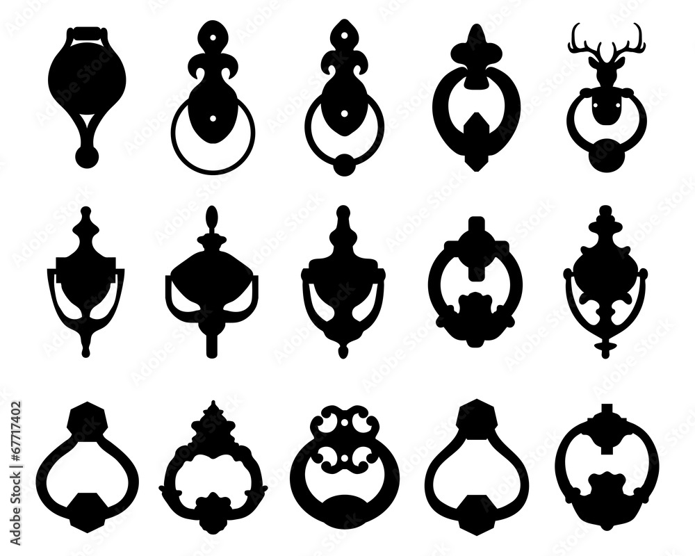 Black silhouettes of door knocker 2, vector illustration - obrazy, fototapety, plakaty 