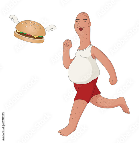 Obese Man Chasing Flying Burger
