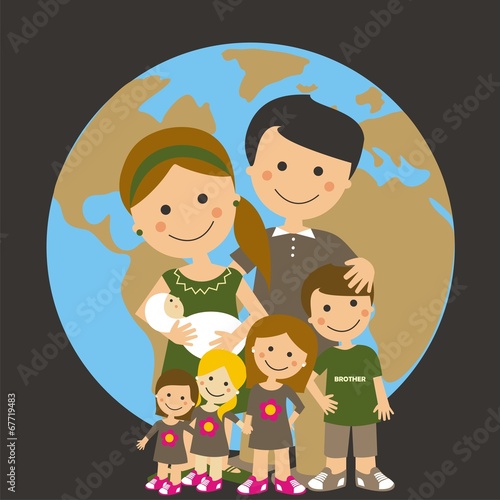 Familia numerosa. Personajes infantiles. Fondo oscuro con la imagen de la Tierra. Ilustración vectorial