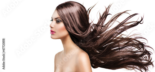 Fashion Model Girl Portrait with Long Blowing Hair