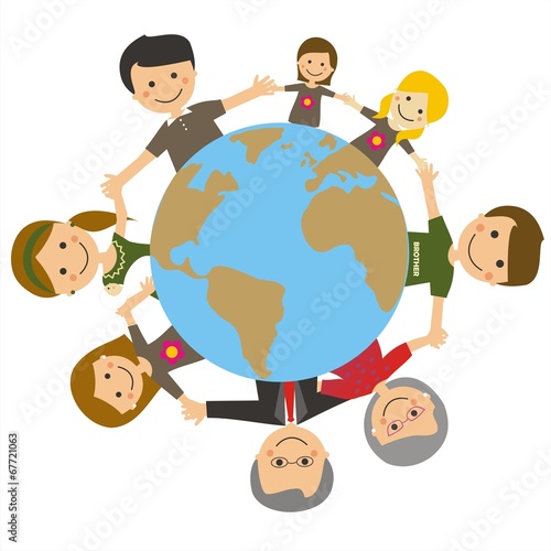Familia alrededor de la Tierra. Ilustración vectorial