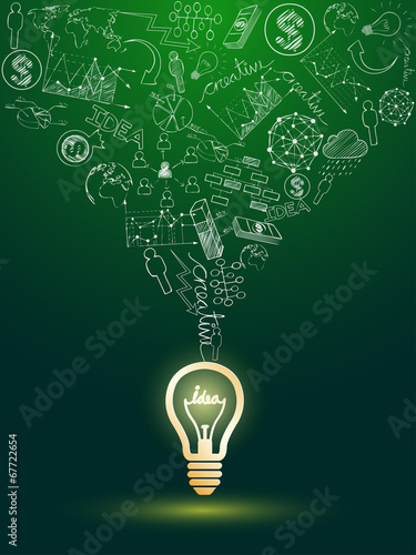idea concept with light bulbs on green background
