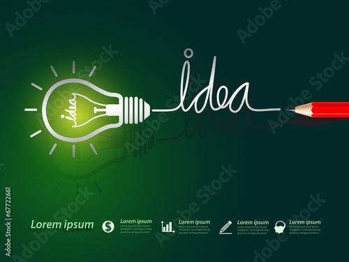 Red pencil write idea concept with light bulbs on green backgrou