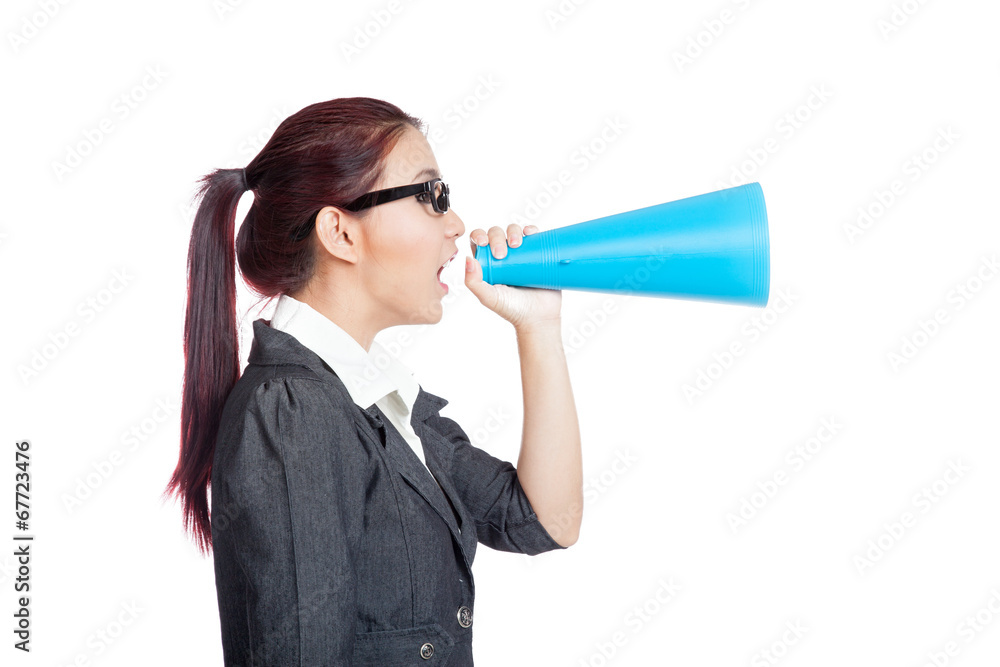 Side view of Asian business woman announce something Side view of Asian business woman announce something