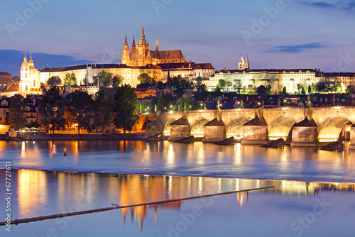 Prague castle and Charles bridge at night
