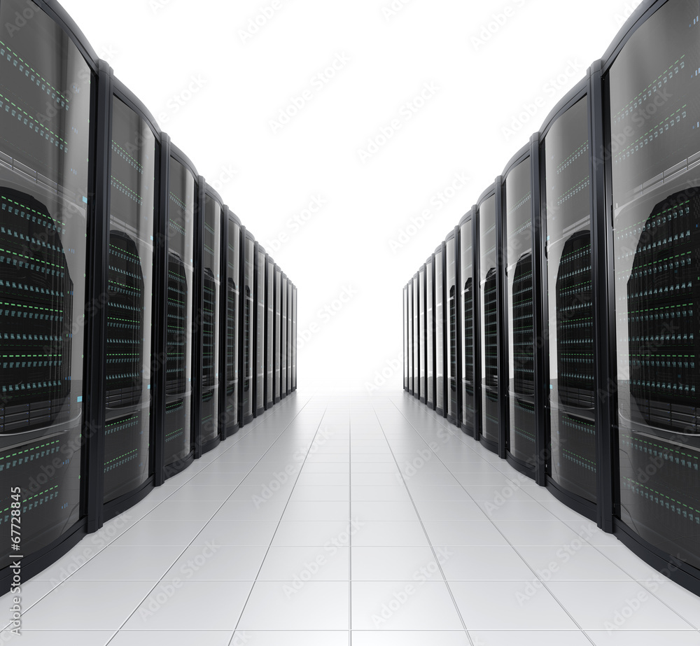Rows of blade server racks on white background - obrazy, fototapety, plakaty 