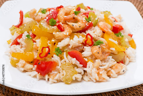 rice with vegetables with shrimp, close-up