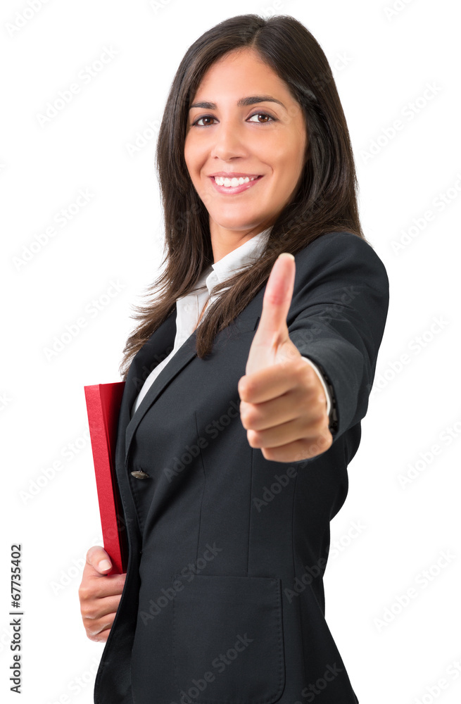 ok sign of business woman or student with folder - obrazy, fototapety, plakaty 