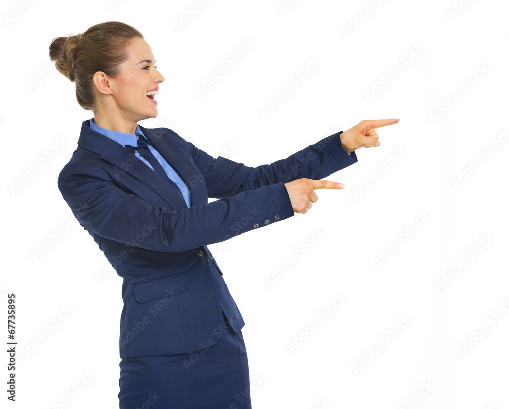 Portrait of thoughtful business woman pointing on copy space Portrait of thoughtful business woman pointing on copy space