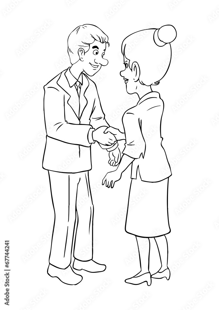 Cartoon of a businessman and businesswoman shaking hands Cartoon of a businessman and businesswoman shaking hands