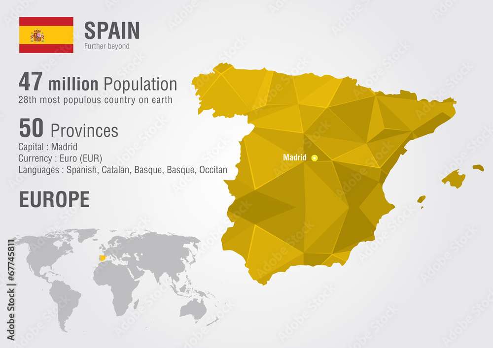 Fototapeta premium Mapa świata Hiszpanii z teksturą diamentu pikseli.