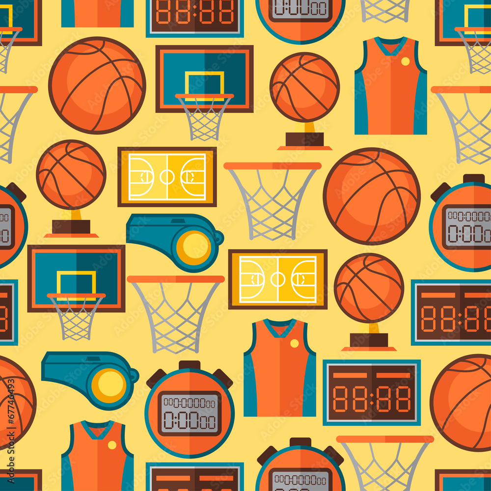 Fototapeta premium Sports seamless pattern with basketball icons in flat style.