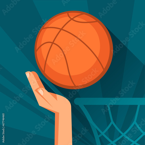 Sports illustration hand shot basketball ball through hoop.