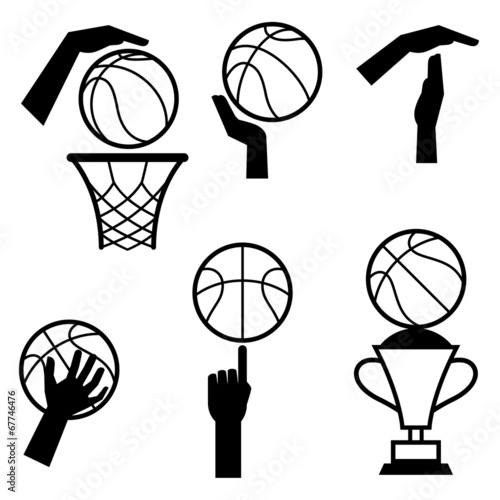 Basketball icon set of gestures and symbols in game.