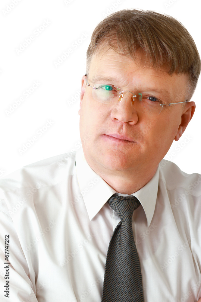 Portrait of man wearing glasses, isolated on white