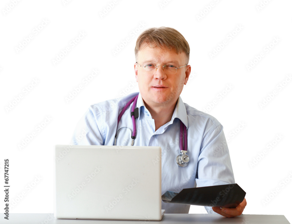 Male doctor working at a workplace, isolated on white background Male doctor working at a workplace, isolated on white background