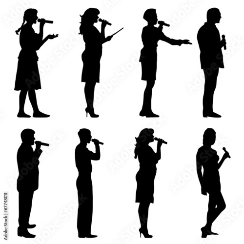 Black silhouettes of  mans and womans singing karaoke on white b