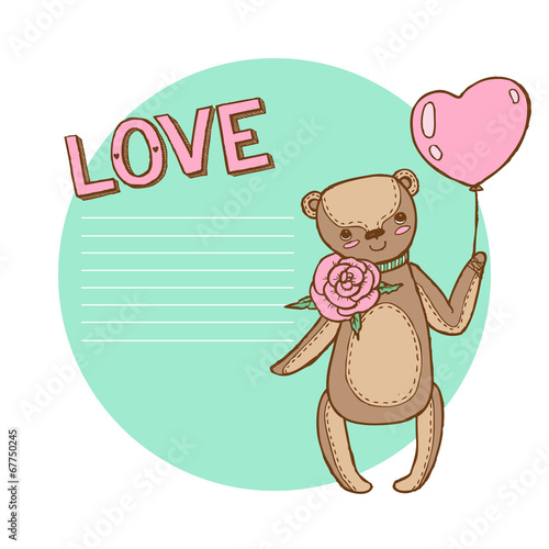 card with a teddy bear with a flower and a heart balloon