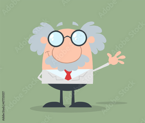 Smiling Funny Scientist Or Professor Waving Flat Design