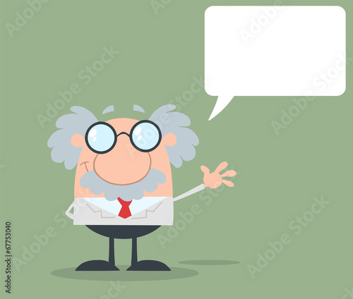 Funny Professor Waving With Speech Bubble Flat Design