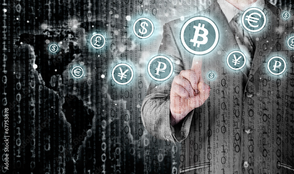 Choosing bitcoins, businessman pressing touch screen button. Choosing bitcoins, businessman pressing touch screen button.