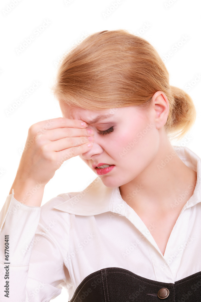 Headache. Woman suffering from head pain isolated. Headache. Woman suffering from head pain isolated.