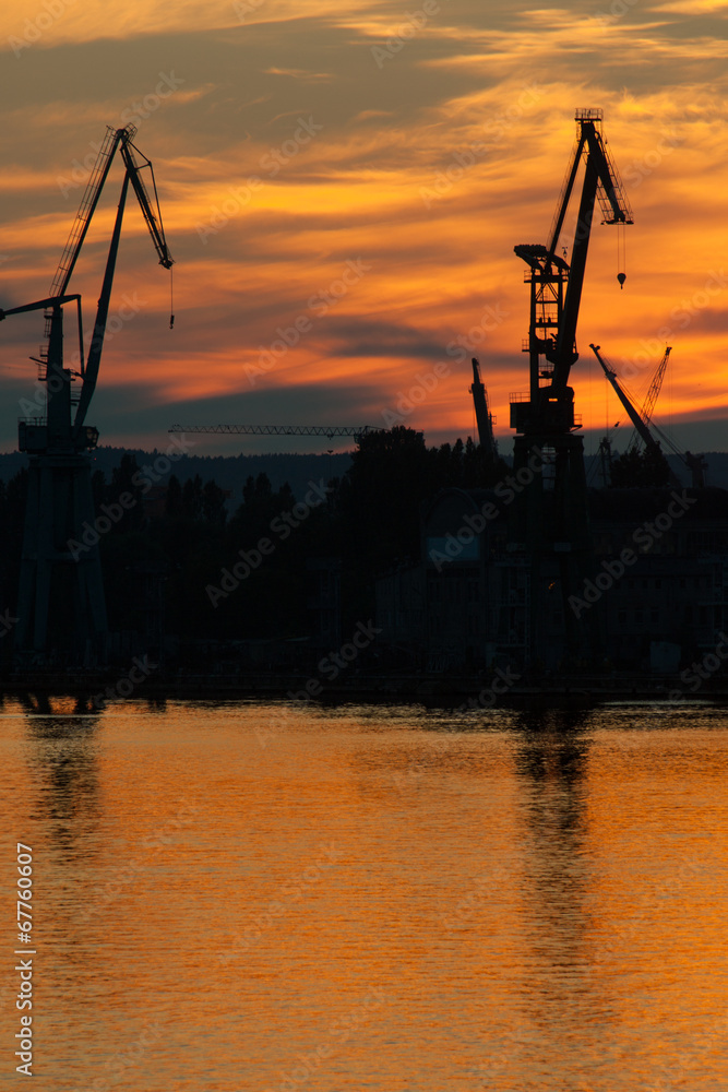 Big shipyard crane at sunset in Gdansk, Poland.