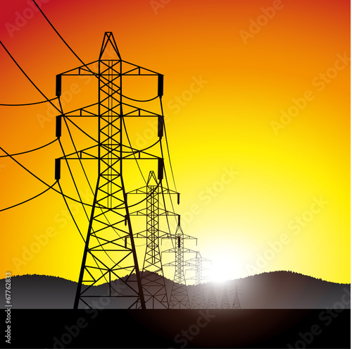 lines of electricity transfers an evening landscape in a vector