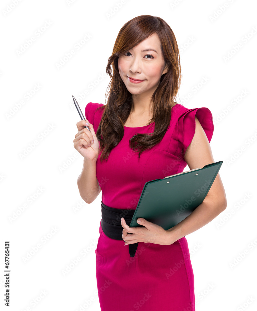 Business woman with clipboard and pen point out Business woman with clipboard and pen point out