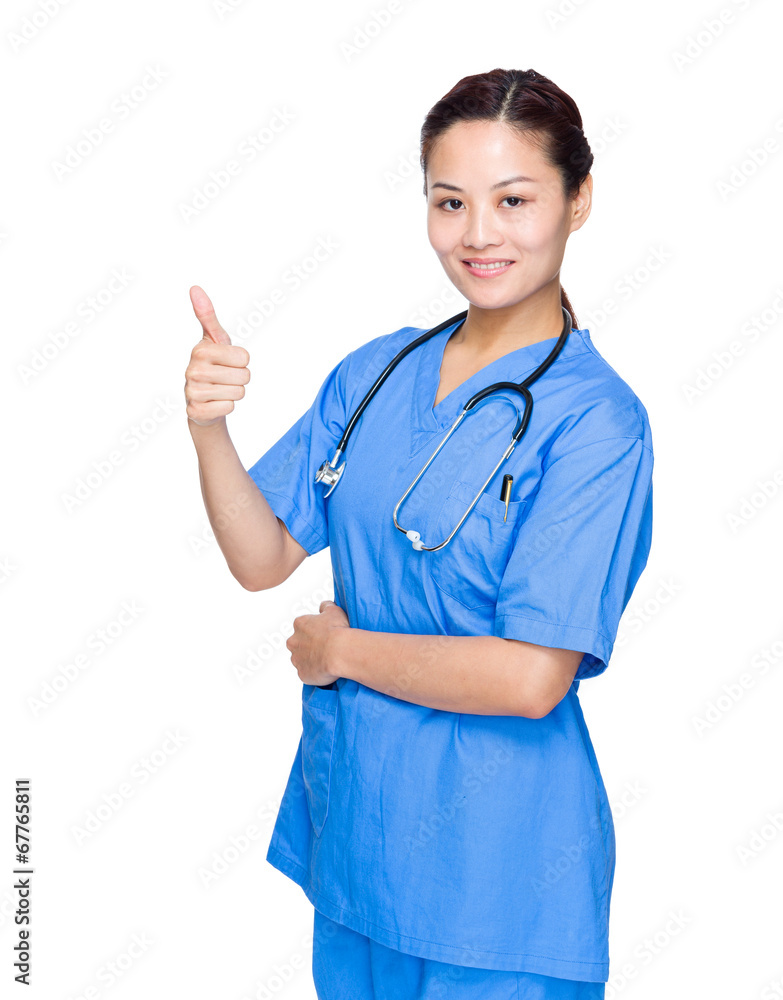 Asian doctor thumb up on white background Asian doctor thumb up on white background
