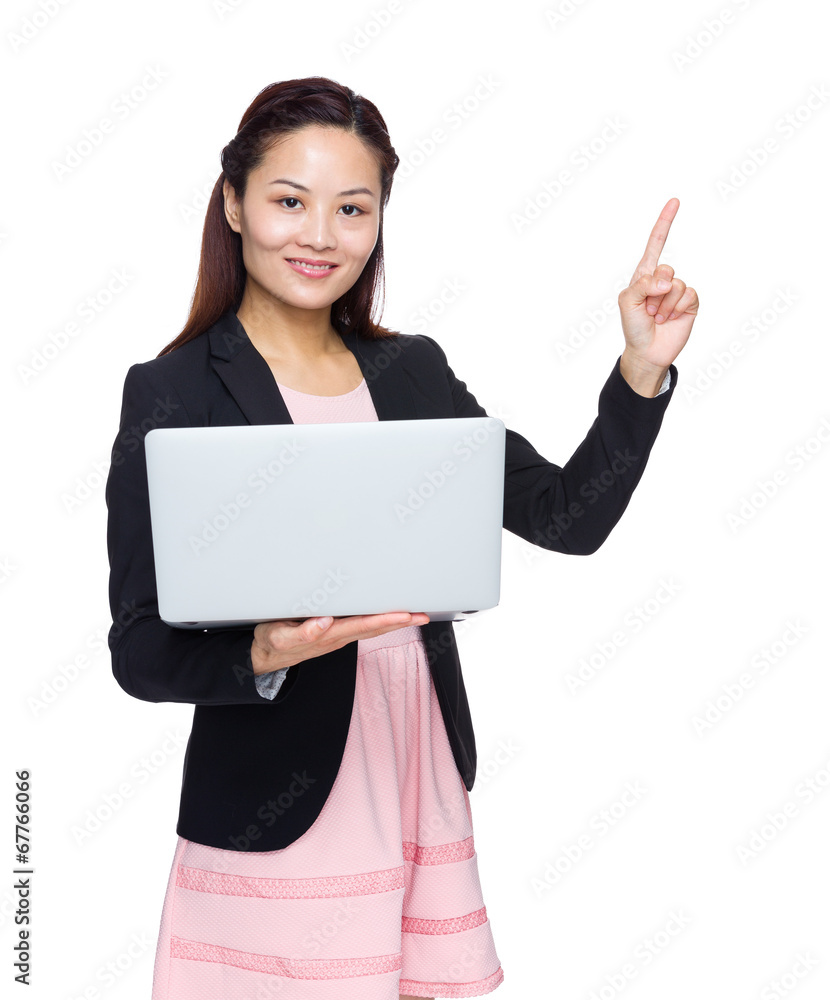 Asian business woman finger up with laptop on white background Asian business woman finger up with laptop on white background