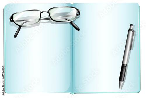 An empty notebook with an eyeglass and a pen