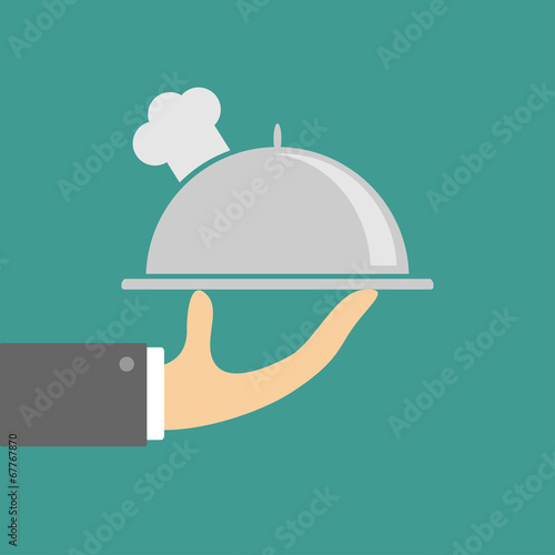 Hand holding silver platter cloche with chefs hat. Flat design.