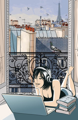 Poster Art Studio Junge Frau am Computer in Paris  © Isaxar