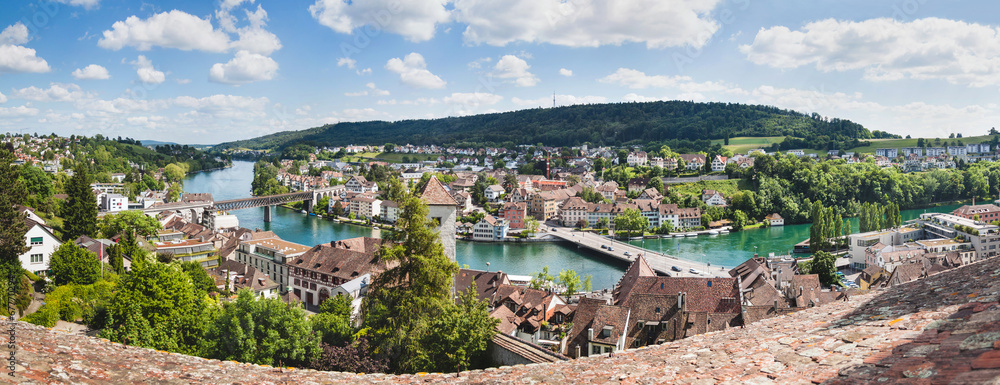 Panoramic view of Swiss town Schaffhausen. River Rhine.