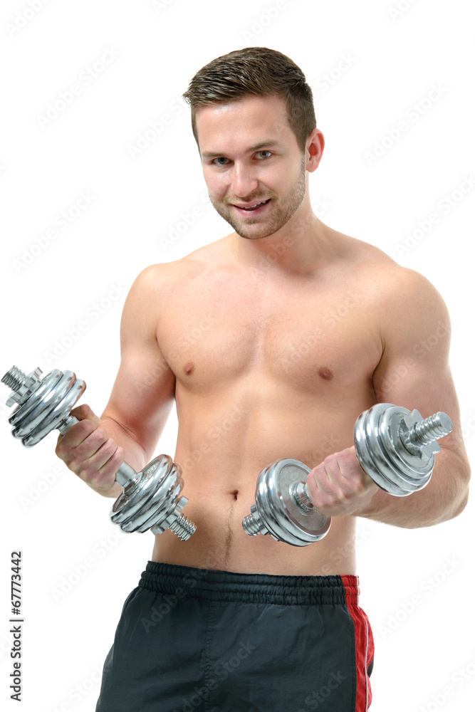 Athletic young man doing exercises with dumbbells Athletic young man doing exercises with dumbbells