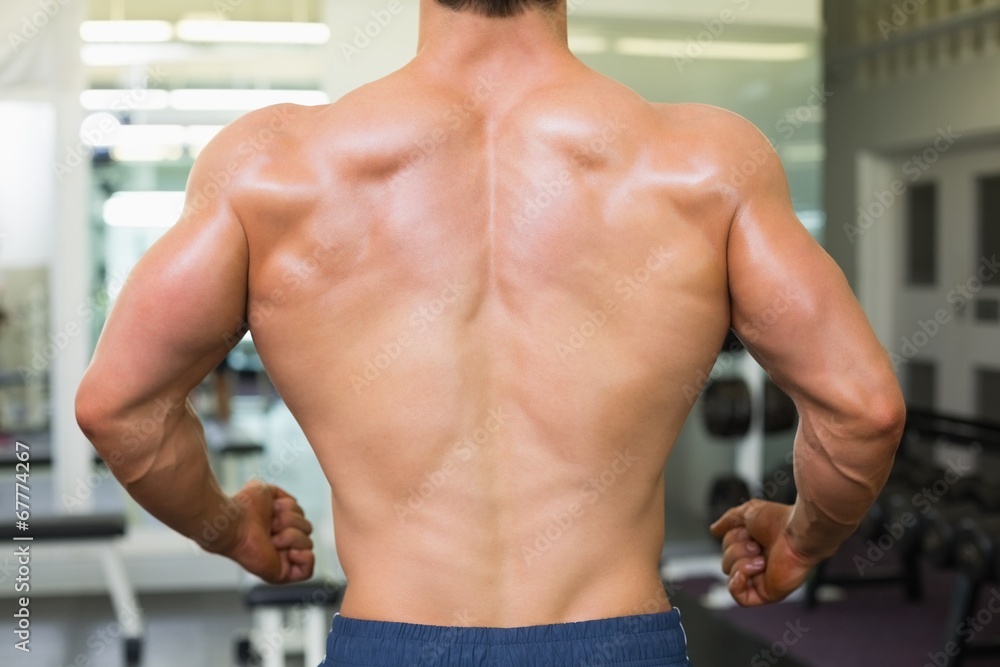 Close-up rear view of a bodybuilder in gym Close-up rear view of a bodybuilder in gym