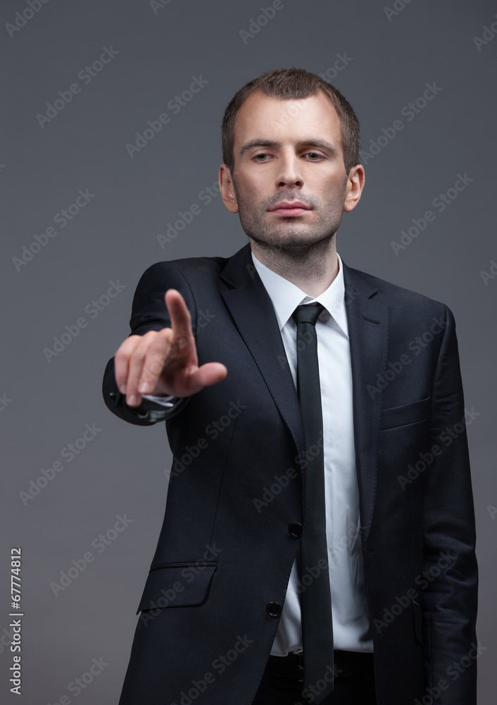 Portrait of white collar pointing finger gestures Portrait of white collar pointing finger gestures