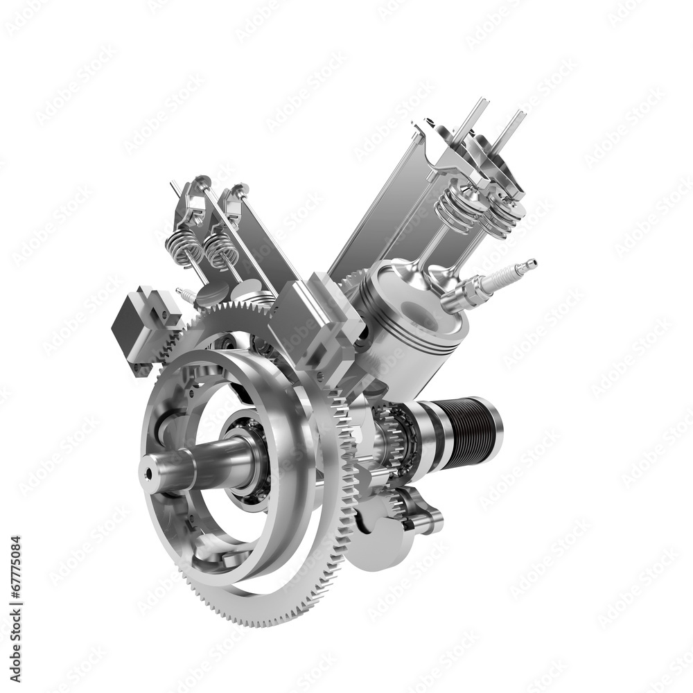 Naklejka premium Disassembled V2 engine of large powerful motorbike isolated on w
