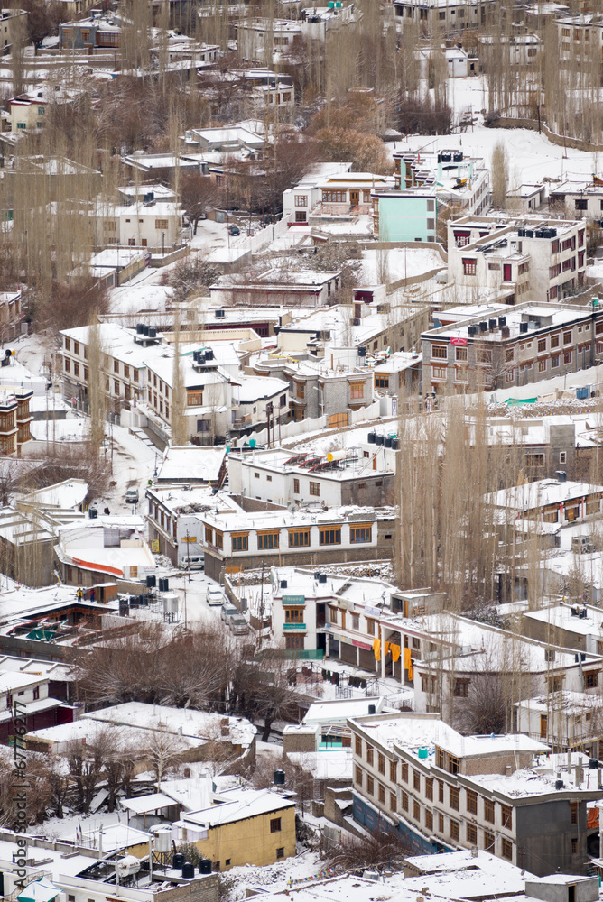 Leh city in winter snow covered