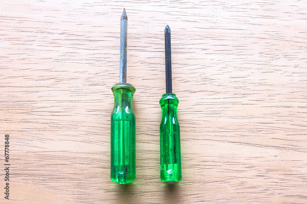 Screwdriver on wooden table Screwdriver on wooden table