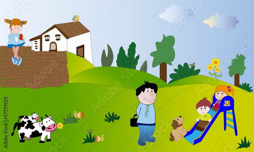 Niños en el campo tirándose por el tobogán