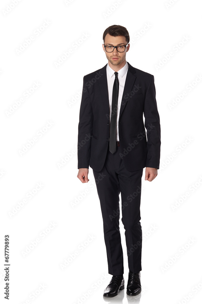 Business man in black suite on white background Business man in black suite on white background