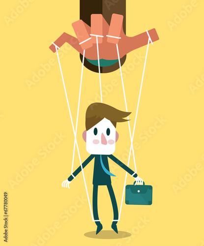 Businessman marionette on ropes controlled hand. vector