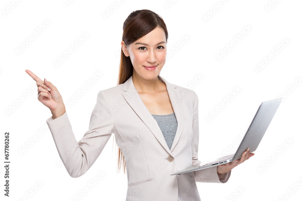 Asian Business Woman with laptop and fingerup Asian Business Woman with laptop and fingerup